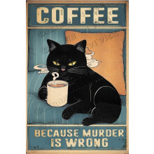 Plaque métallique vintage « Chat café », décoration murale humoristique pour la cuisine – 20 x 30 cm, idéale pour la maison, un café ou un