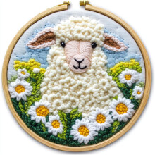 DIY Punch Needle Kit: Cute Sheep in Daisies, Easy for Beginners, Includes Printed Pattern & Hoop (20x20cm) – Compatible with Standard Tools