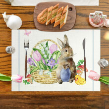 Vintage Watercolor Easter Bunny Placemat with Flower Basket & Chick, Spring Garden Table Setting 12x18", Festive Holiday Dining Room Decor