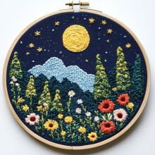 DIY Punch Needle Kit: Night Moon & Flowers – Easy for Beginners, Stamped Pattern, Hoop Included – Compatible with Punch Needle Tools