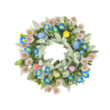 Corona de Pascua de 45 cm con huevos, margaritas y hojas de oreja de cordero para la puerta principal, decoración de Pascua para interiores y