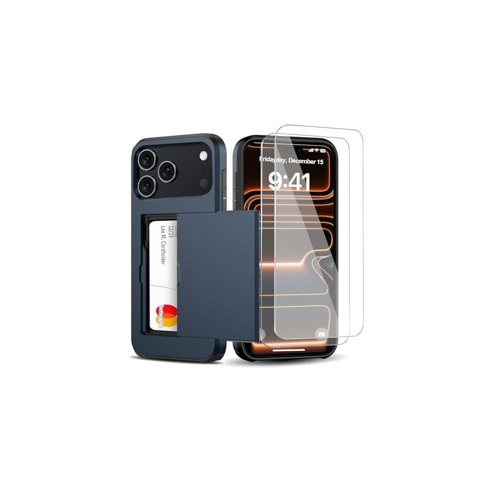 Iphone 17 Pro Wallet Case With Card Holder + 2 Tempered Glass Protectors Â Slim, Shockproof, Hidden Slot (Blue) Blue 9329345229039