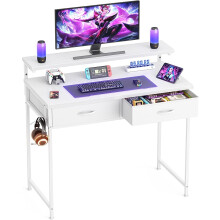 Gaming Desk with Adjustable Monitor Stand, Computer Office Desk with 2 Storage Drawers, Gaming Table with Headphone Hook