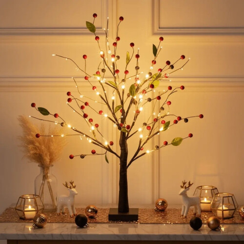Red Berry Blossom Bonsai Tree with 24 LED Lights