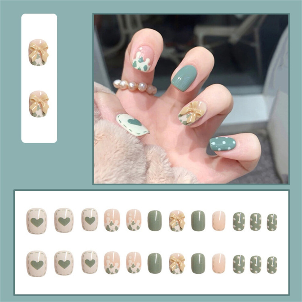 24Pcs Press On Nails French Heart And Bowknot Pattern 3D Fake Nails Pieces With Glue 1ml