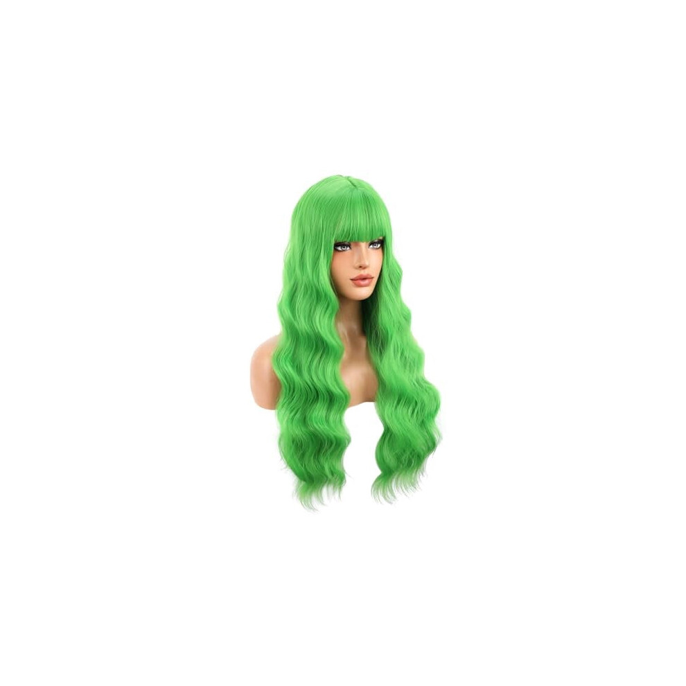 Green curly wavy synthetic wig with bangs, heat resistant,