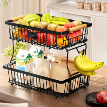 2 Tier Fruit Basket with 2 Banana Hangers, Countertop Fruit Vegetable Basket Bowl for Kitchen Counter Metal Wire Storage Basket