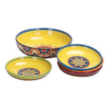 Ensemble de 5 bols à pâtes en céramique tunisienne Bico (1 bol de 6,5 L et 4 bols de 1 L), pour pâtes et salades. Compatible micro-ondes et