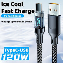Cabo USB-C de 120 W (2 m) com visor LED, carregamento rápido de 6 A e sincronização de dados — Compatível com iPhone 15/16, Xiaomi e Samsung.