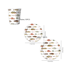Ensemble de vaisselle jetable sur le thème de la pêche : 10 petites assiettes, 10 grandes assiettes et 10 gobelets. Idéal pour décorer une table