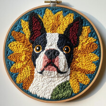 DIY Punch Needle Kit: Boston Terrier & Sunflower, Easy for Beginners, Stamped Pattern, Hoop Included – Craft & Home Decor