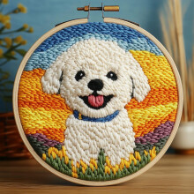 DIY Punch Needle Kit: Cute Bichon Frise Dog & Sunset Design – Easy Beginner Embroidery Set with Hoop (20x20cm), Compatible with Standard Punch