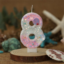 Ocean Mermaid Theme Cake Candles with Numbers 8, Purple Cake Topper with Sequins for Girls Birthday Party Cake Decoration Supplies, Version I
