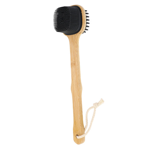 Double Sided Silicone & Bamboo Bath Brush 12.8in Long Handle