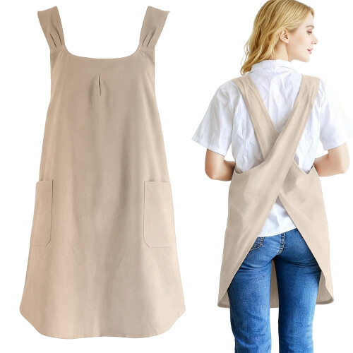 Abito grembiule da donna in cotone e lino color kaki con 2 tasche