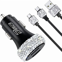 3-Pack Bling Car Charger Set w/ Crystal Rhinestones, Dual USB (3.3ft Micro USB & USB-C Cables), Compatible with Samsung Galaxy & Android