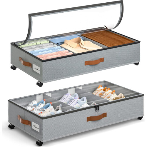 CNF Under Bed Storage with Wheels, 2 Pack Rolling Bins with Adjustable Dividers & Clear Window, Grey