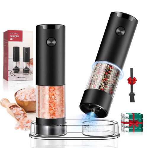 Conjunto de Moedores Elétricos de Sal e Pimenta, Moedor de Pimenta Automático a Bateria com Ajuste de Moagem, Fácil de Abastecer e com LED, Pacote