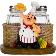 Ensemble de salière et poivrière avec statuette de chef assis, bocaux en verre et support – Organisateur d'épices décoratif pour cuisine,
