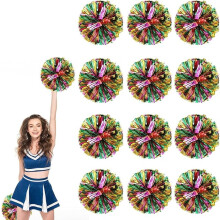 Lot de 12 pompons de 25 cm en feuille métallique avec poignée et fleurs – Idéal pour le cheerleading, la danse, le sport et les fêtes