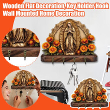 Porte-clés en bois représentant une vierge – Décoration murale élégante de 30 x 23 cm avec 4 crochets en bronze, style champêtre, floral et
