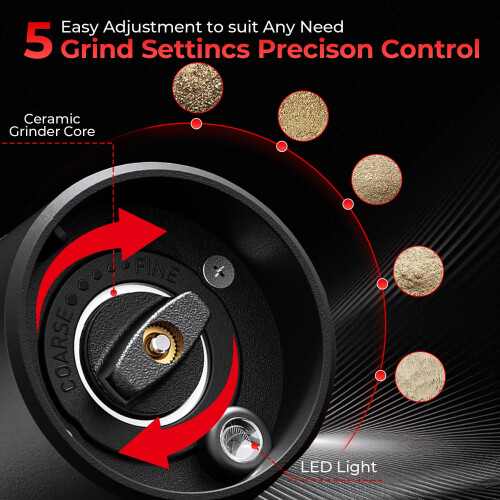 Conjunto de Moedores Elétricos de Sal e Pimenta, Moedor de Pimenta Automático a Bateria com Ajuste de Moagem, Fácil de Abastecer e com LED, Pacote 1