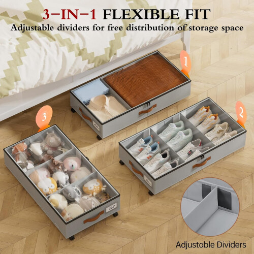 CNF Under Bed Storage with Wheels, 2 Pack Rolling Bins with Adjustable Dividers & Clear Window, Grey 1