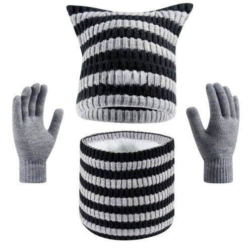 Conjunto de cachecol e gorro de tricô com orelhas de gato 1