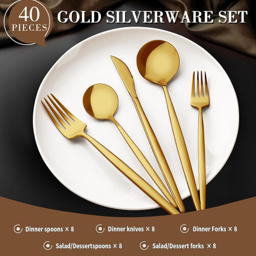 Gold Stainless Steel Flatware Set 40-Piece 1