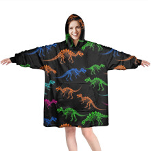Wearable Oversized Blanket Hoodie with Dinosaur Skeleton Pattern, Cozy Fuzzy Pullover with Super Pockets – Compatible with Adults