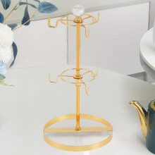 Golden Double-Tier Coffee Mug Tree Holder for Counter, 6 Hooks, Compatible with Standard Mugs & Teacups