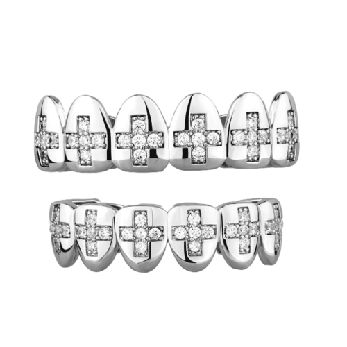 Σετ Grillz με σταυρό από χαλκό και ζιρκόνιο, κοσμήματα οδοντιατρικής σε χρυσό/ασημί