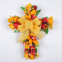 Décoration de porte et couronne de Pâques pour l'entrée – Couronne croix jaune 17 x 13 pouces, décoration murale à suspendre pour porche de
