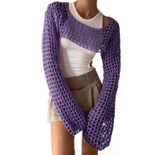 Badedrakt-cover-up for kvinner, damestrikk ensfarget rund hals langermet bluse med utskjæringsdesign, cover-ups for badetøy kvinner, L, lilla