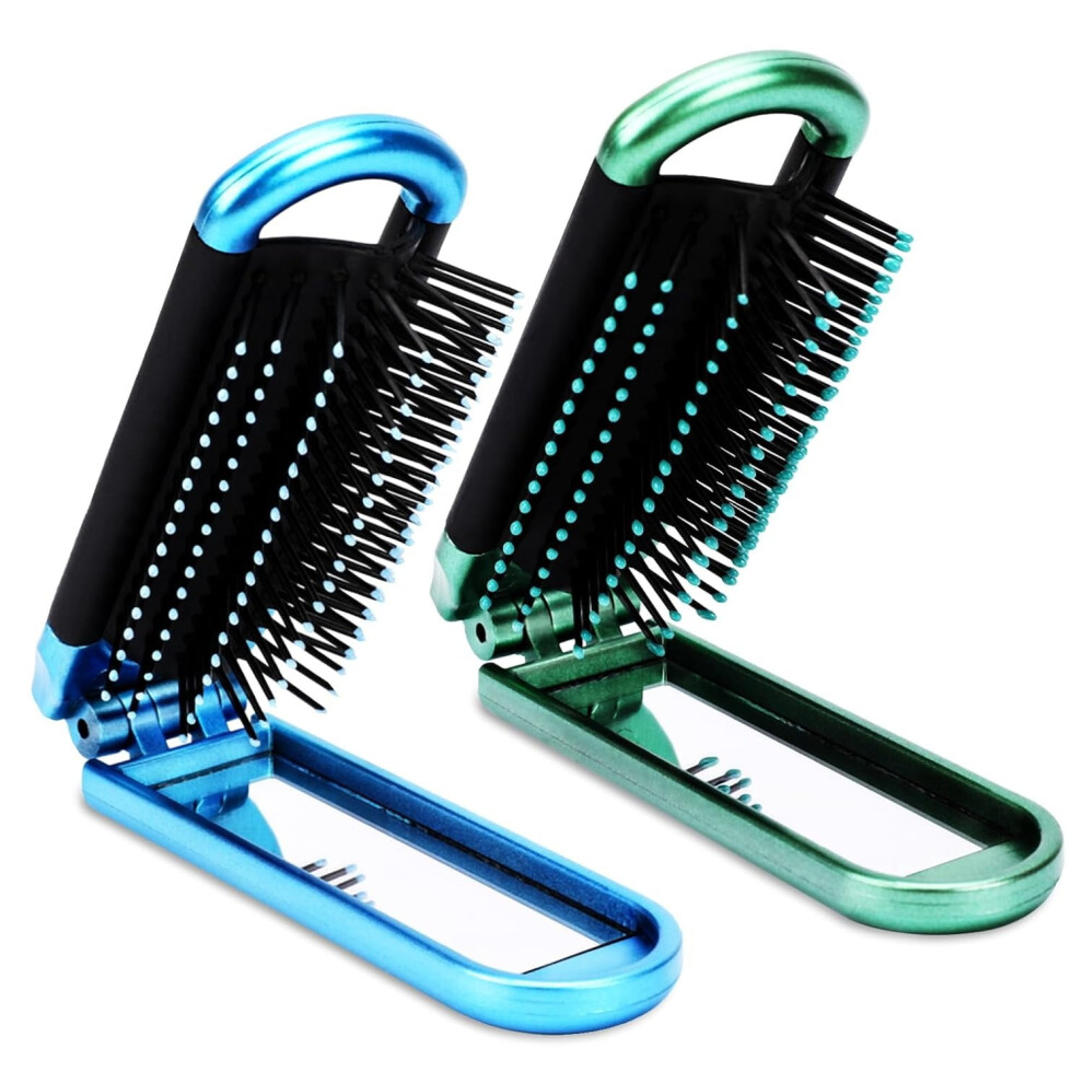 Green/Blue 2 Pcs Travel Hair Brush, Folding Hair Brush With Mini Mirror, Compact Hair Brushes Hair Styling Tools For Gym, Trip, Purse, Swimming, &