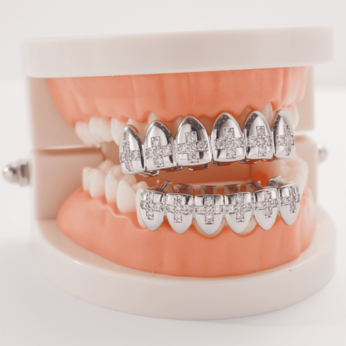 Σετ Grillz με σταυρό από χαλκό και ζιρκόνιο, κοσμήματα οδοντιατρικής σε χρυσό/ασημί 2