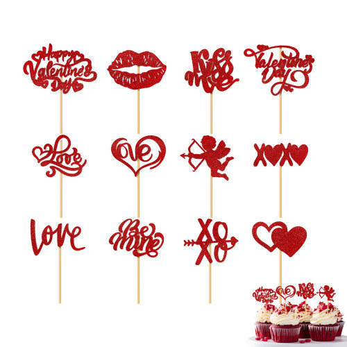 Valentine Cupcake Toppers Glitter Heart 12 pcs 1