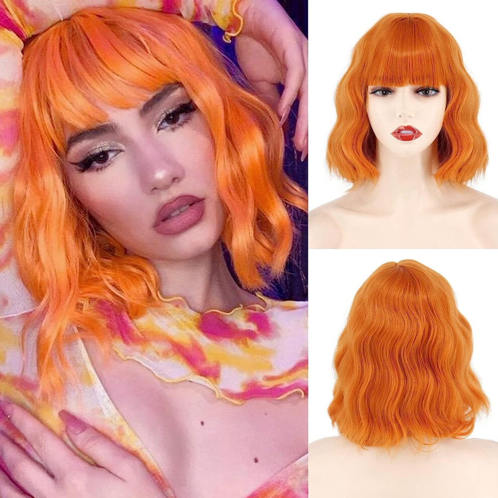 Unisex Short Ombre Blonde Wigs Wavy Bob Wig With Bangs Women Synthetic Curly Pastel Bob Wig For Girl Colorful Cosplay Wigs