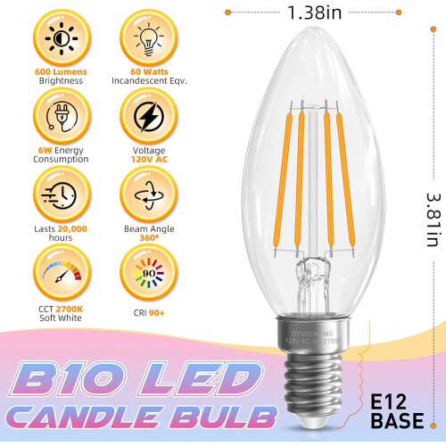 E12 Λαμπτήρας κηροπήγιου 2700K6W600LM90+ CRI Clear B10 Συσκευασία των 12 1