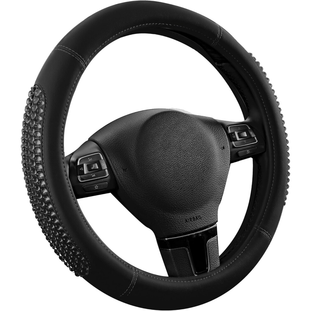 Gel Particles Steering Wheel Cover, Luxury Leather, Universal Fit 14.5"-15.5", Anti-Slip, Compatible With Most Cars Black 9555307567646