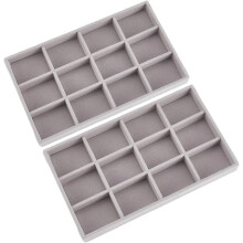 2 Stück 5x8,3 Zoll große Samt-Schmucktabletts, stapelbar, 12 Fächer, herausnehmbare Trennwände, graue Aufbewahrungsbox für Halsketten und
