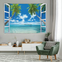 Tapiserie de perete cu plajă tropicală – Palmieri și mare albastră,