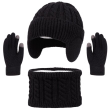 Cozy 3-Piece Winter Set Knitted Beanie Scarf And Gloves Fleece Lined Neck Warmer Mittens For Toddlers Outdoor Play Black