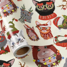 Weihnachtsgeschenkpapierrolle mit Katzenmotiv, Weihnachtsmannmütze und Schal, Design 17