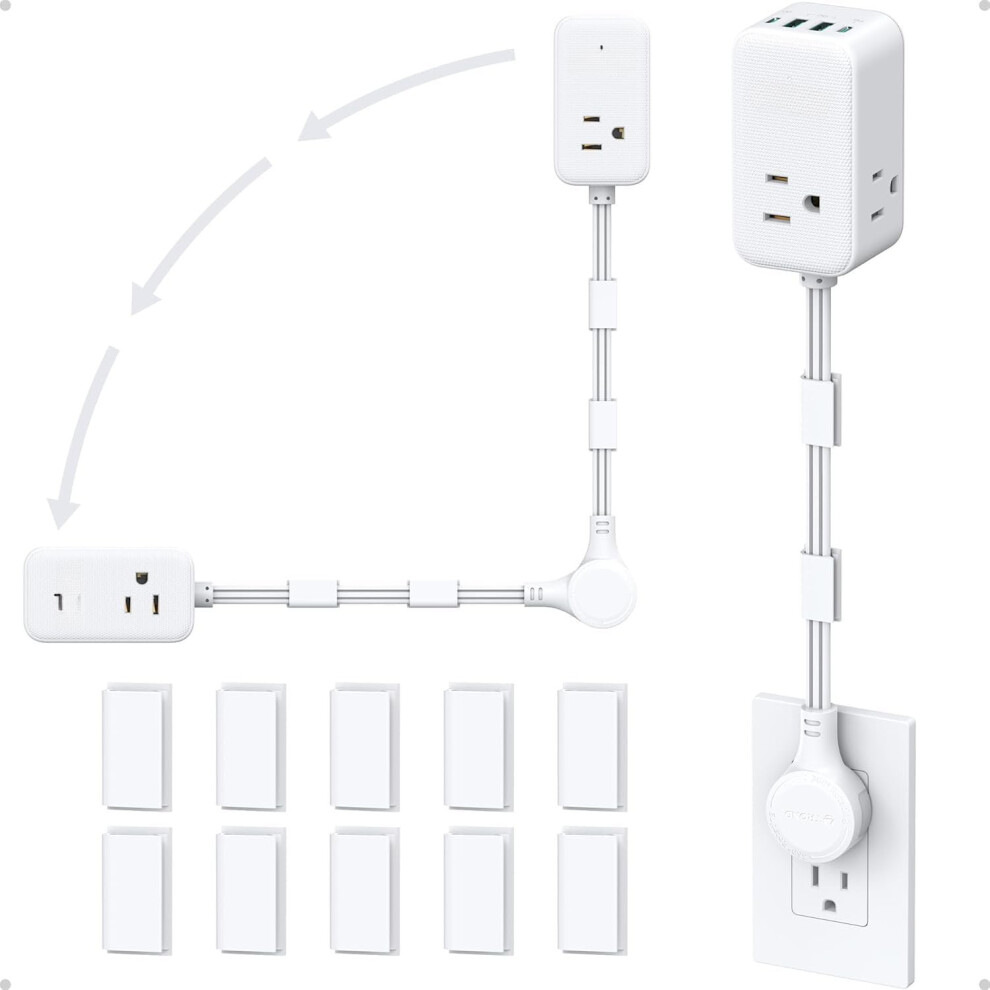 360 Rotating Electrical Outlet Extender With 3 Ac Outlets, 6Ft Cord, 20W Usb-C, Compatible With Hard-To-Reach Areas Behind Couch/Desk, White 9399596610337
