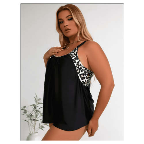 Plus Size Leopardprint Tankini Sæt Rund Hals Mave 1