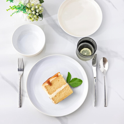 12 Pieces Ceramic Dinnerware Set, Modern White Dish Set for 4，Scratch Resistant Smooth Plates and Bowls Sets 2