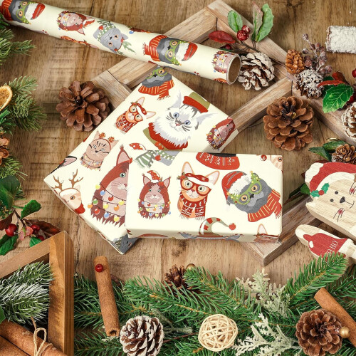 Katten kerstcadeaupapierrol, kerstmuts, sjaal, ontwerp 17 1