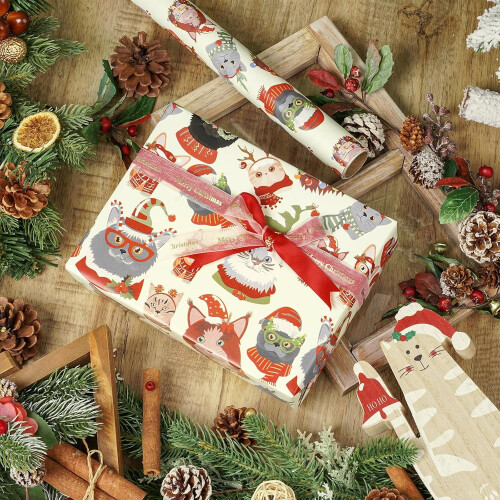 Katten kerstcadeaupapierrol, kerstmuts, sjaal, ontwerp 17 2