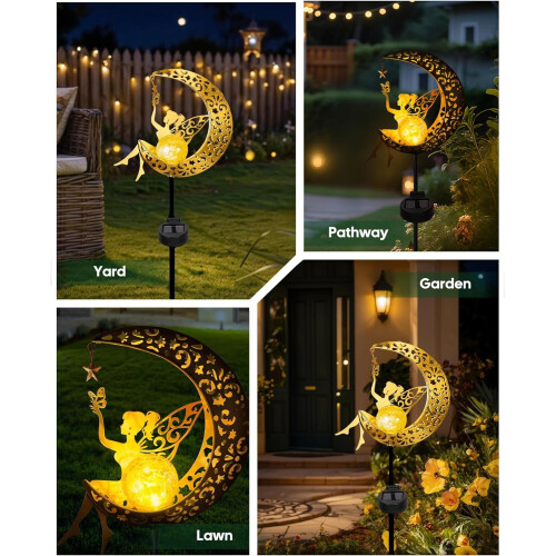 Estátua solar de jardim, decoração externa, estaca com luz de lua de fada. 2